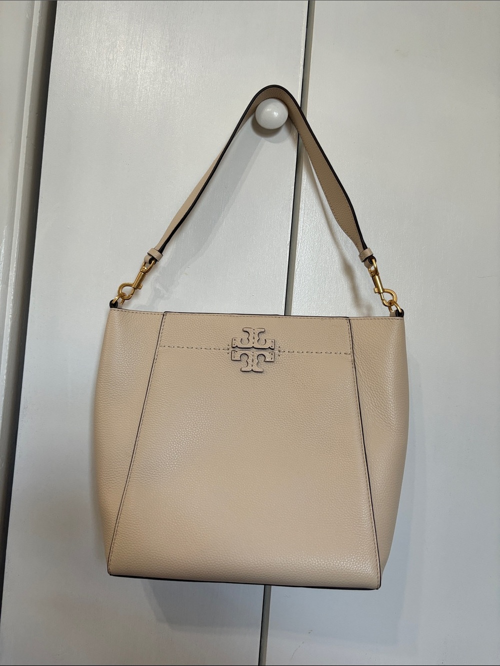 Tory Burch McGraw Pebbled Leather Shoulder Bag in Light Beige with Gold Hardware